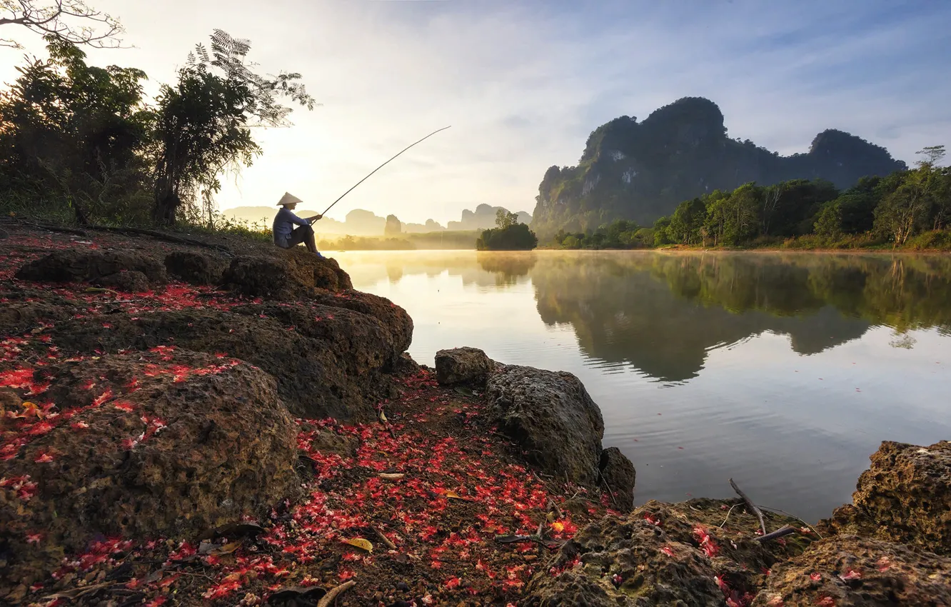 Photo wallpaper landscape, mountains, nature, reflection, stones, people, fisherman, Thailand