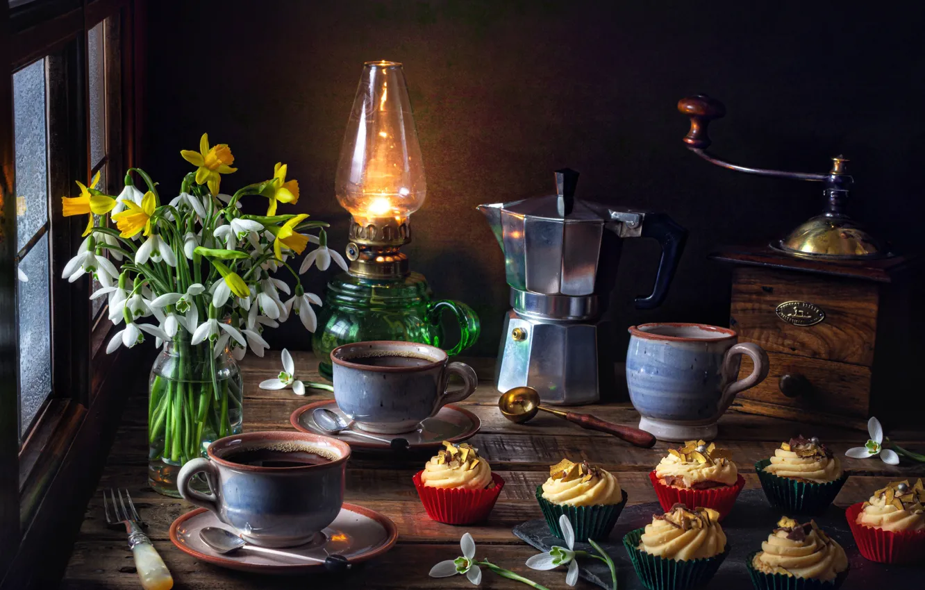 Photo wallpaper flowers, style, lamp, coffee, bouquet, snowdrops, Cup, mugs