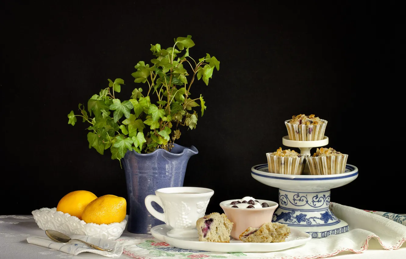 Photo wallpaper lemon, dessert, cakes, pot, muffin