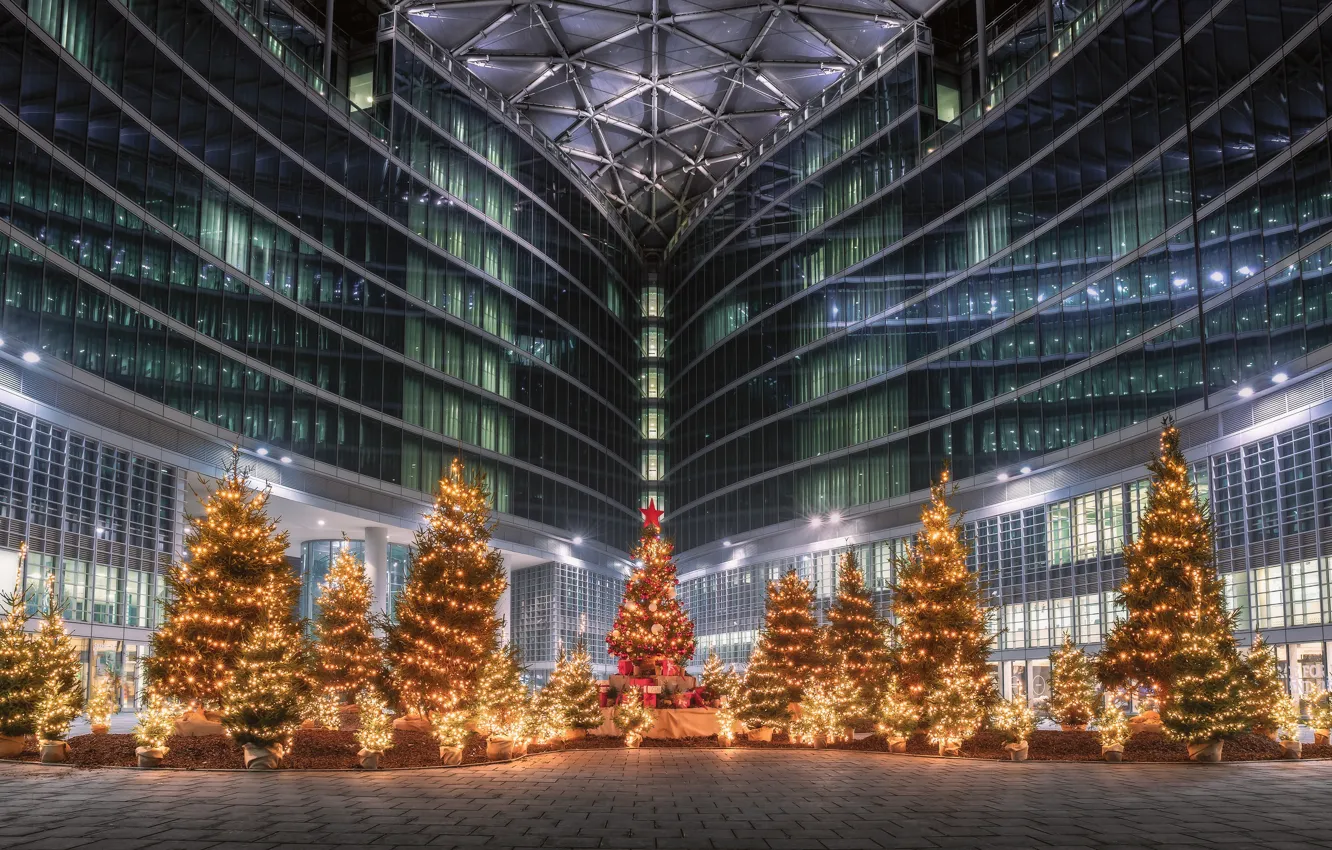 Photo wallpaper the city, holiday, building, tree, new year, Italy, Milan, shopping center