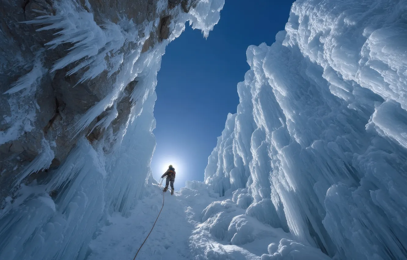 Photo wallpaper ice, winter, the sky, the sun, light, snow, mountains, pose