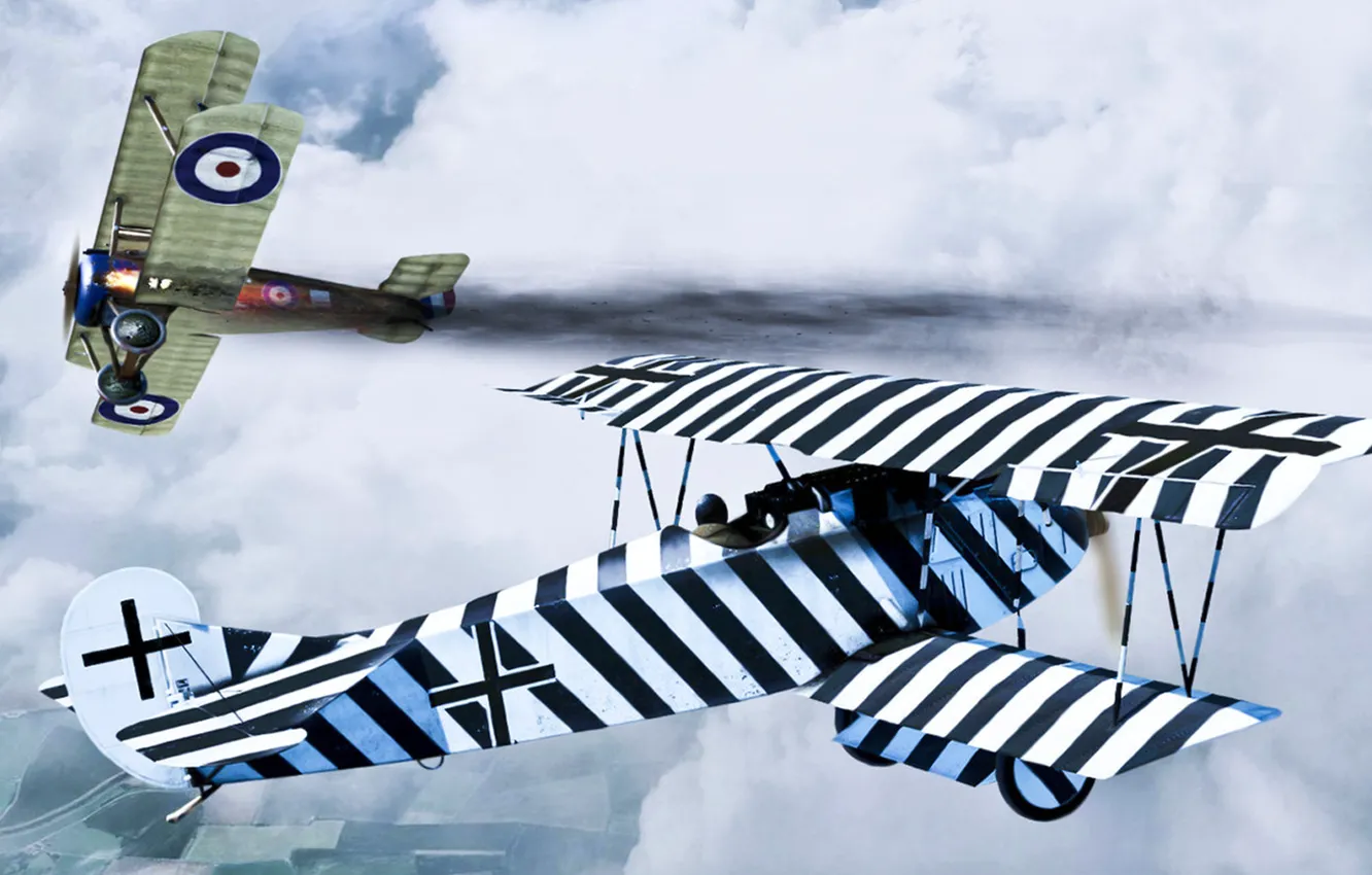 Photo wallpaper graphics, art, The Fokker D. VII, Hans Kirschstein, Sopwith Camel, camel in flames, rOEN911