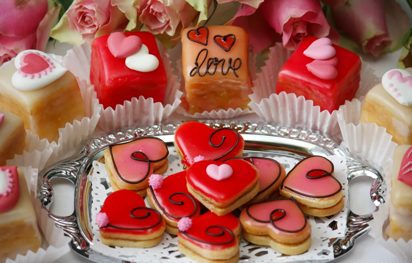 Photo wallpaper flowers, roses, cookies, hearts, sweets, cake, Valentine's day, cakes