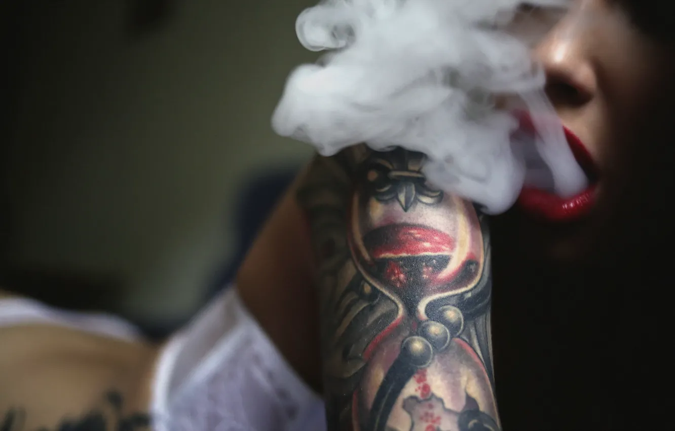 Photo wallpaper girl, smoke, tattoo