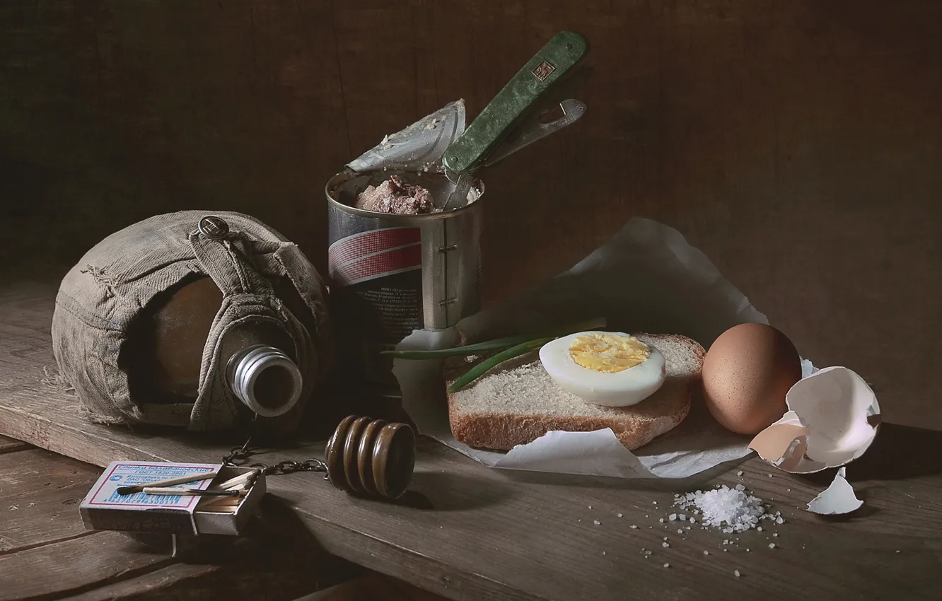 Photo wallpaper eggs, matches, bread, salt, appetizer, flask
