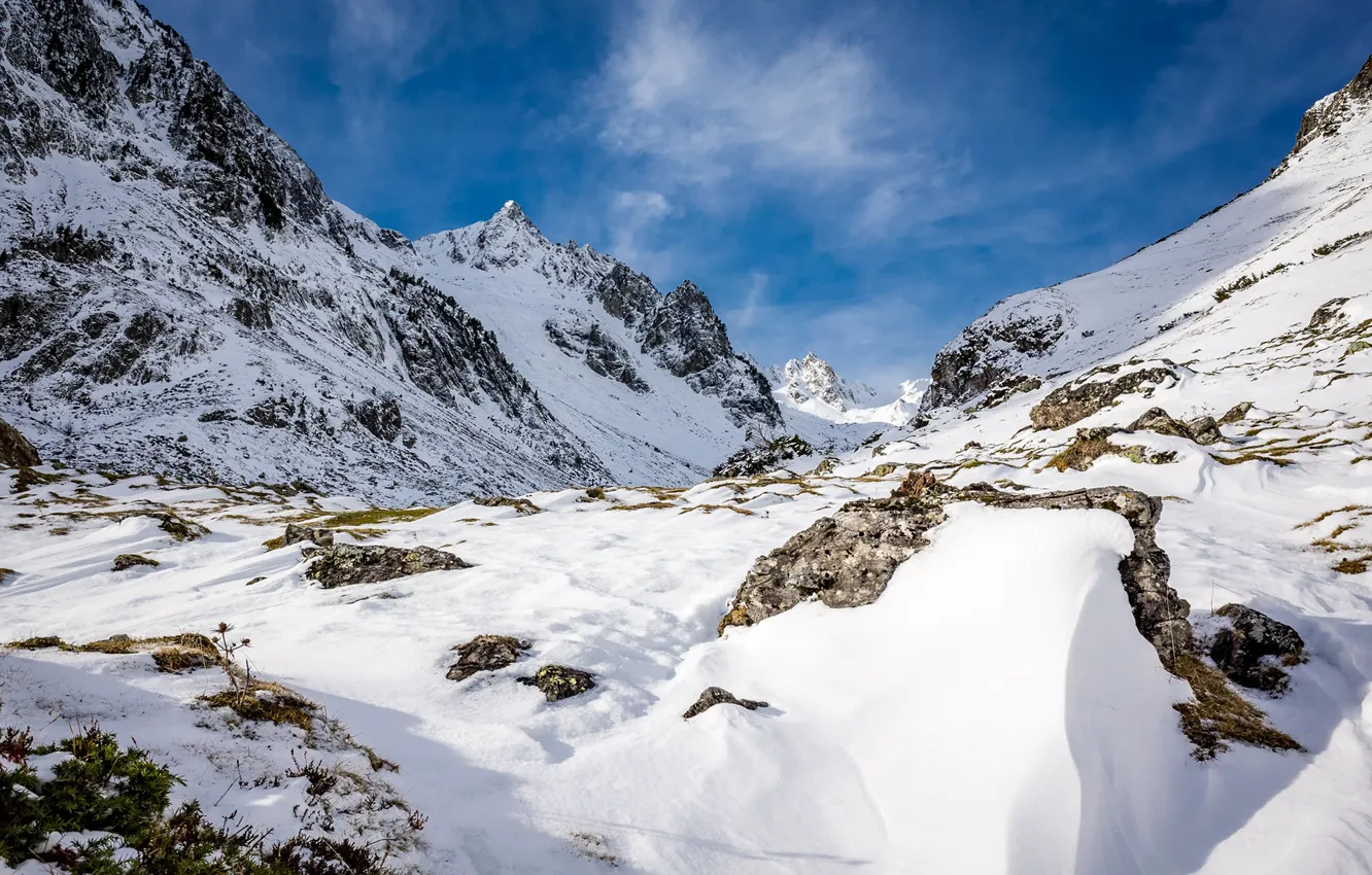 Photo wallpaper winter, snow, rocks, France, Pyrenees