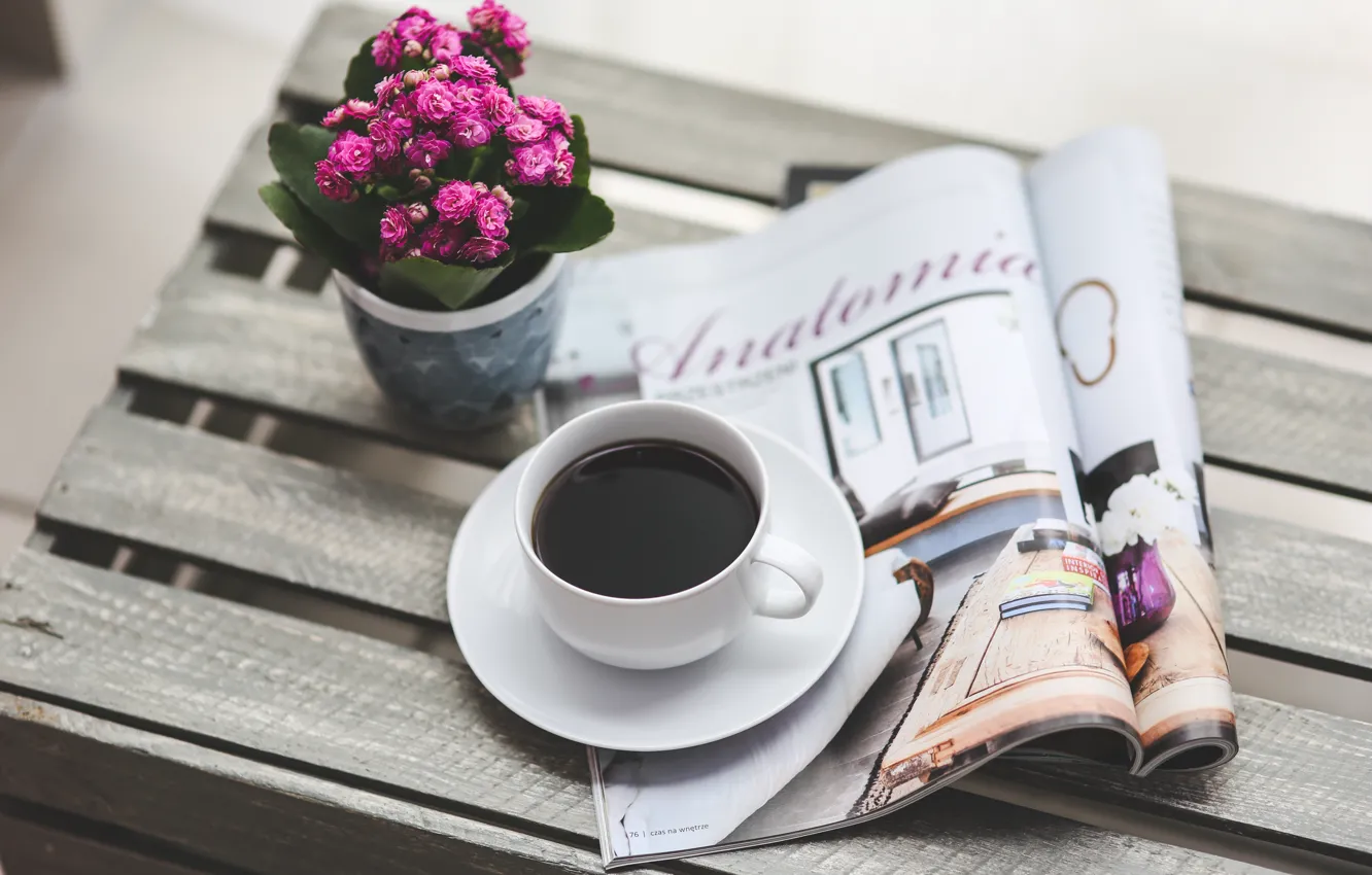 Photo wallpaper flower, coffee, good morning, reading, magazine