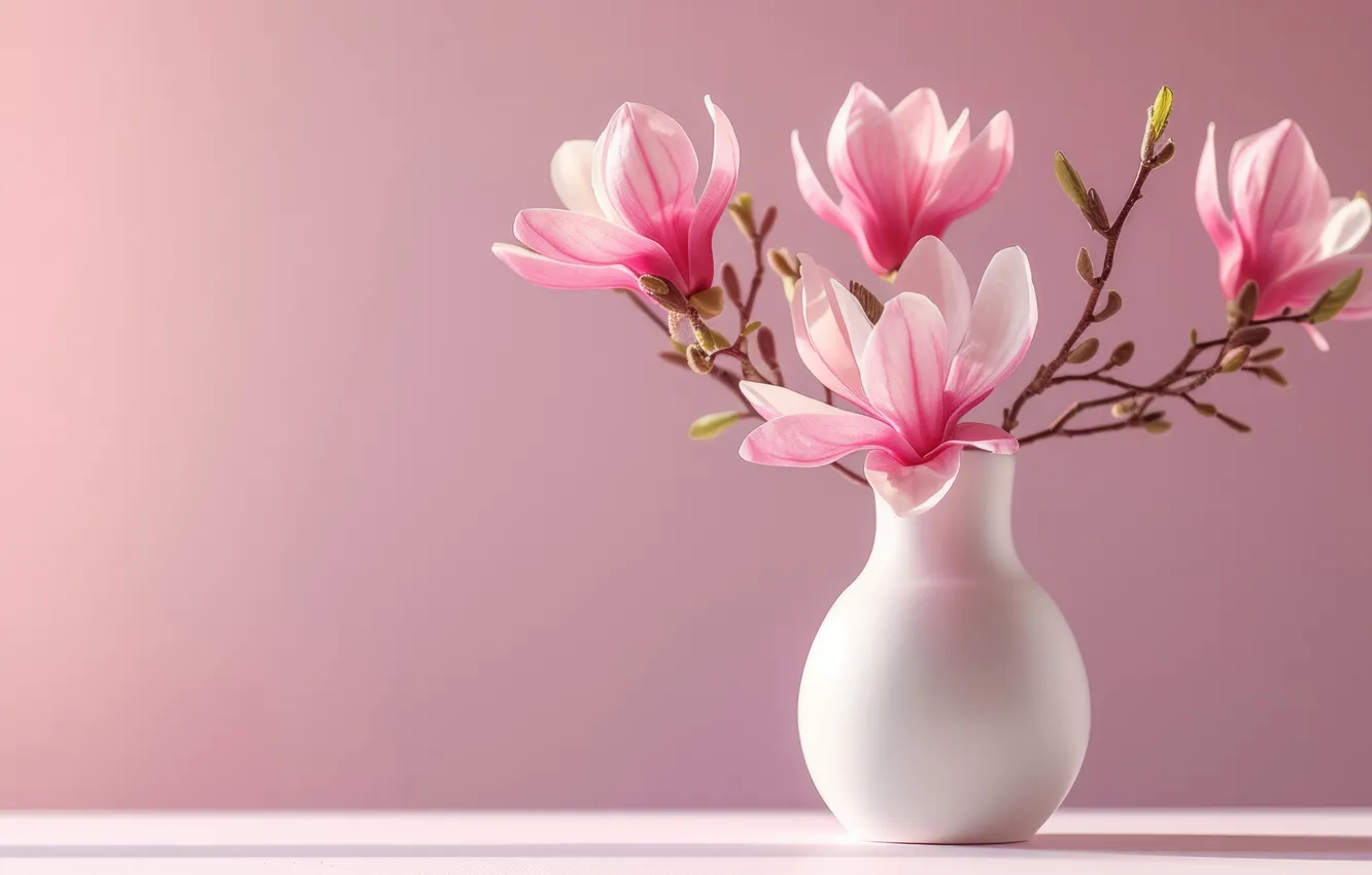 Photo wallpaper flowers, branches, bouquet, spring, vase, pink, pink background, flowering