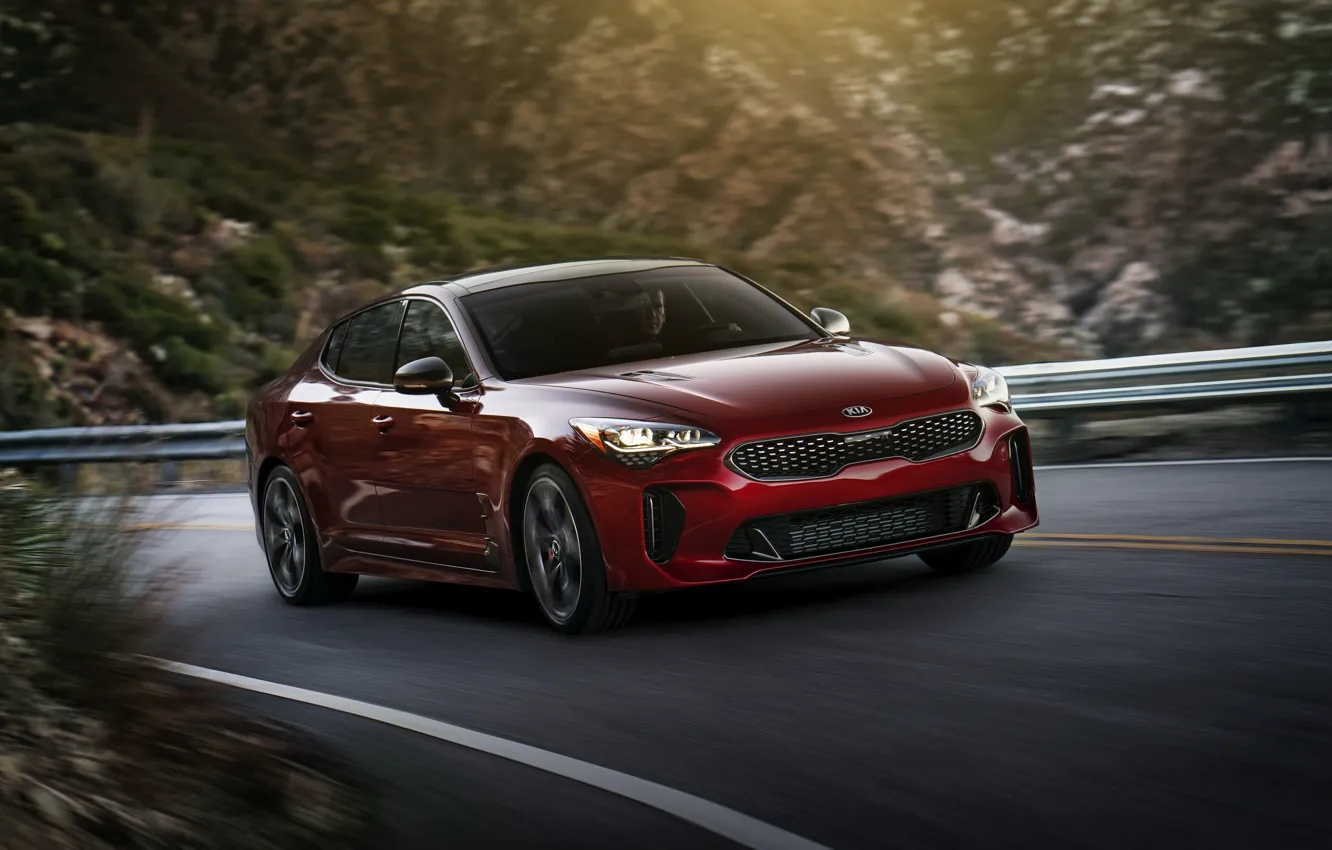 Photo wallpaper red, KIA, Kia, on the road, the five-door, Stinger, Stinger GT, fastback