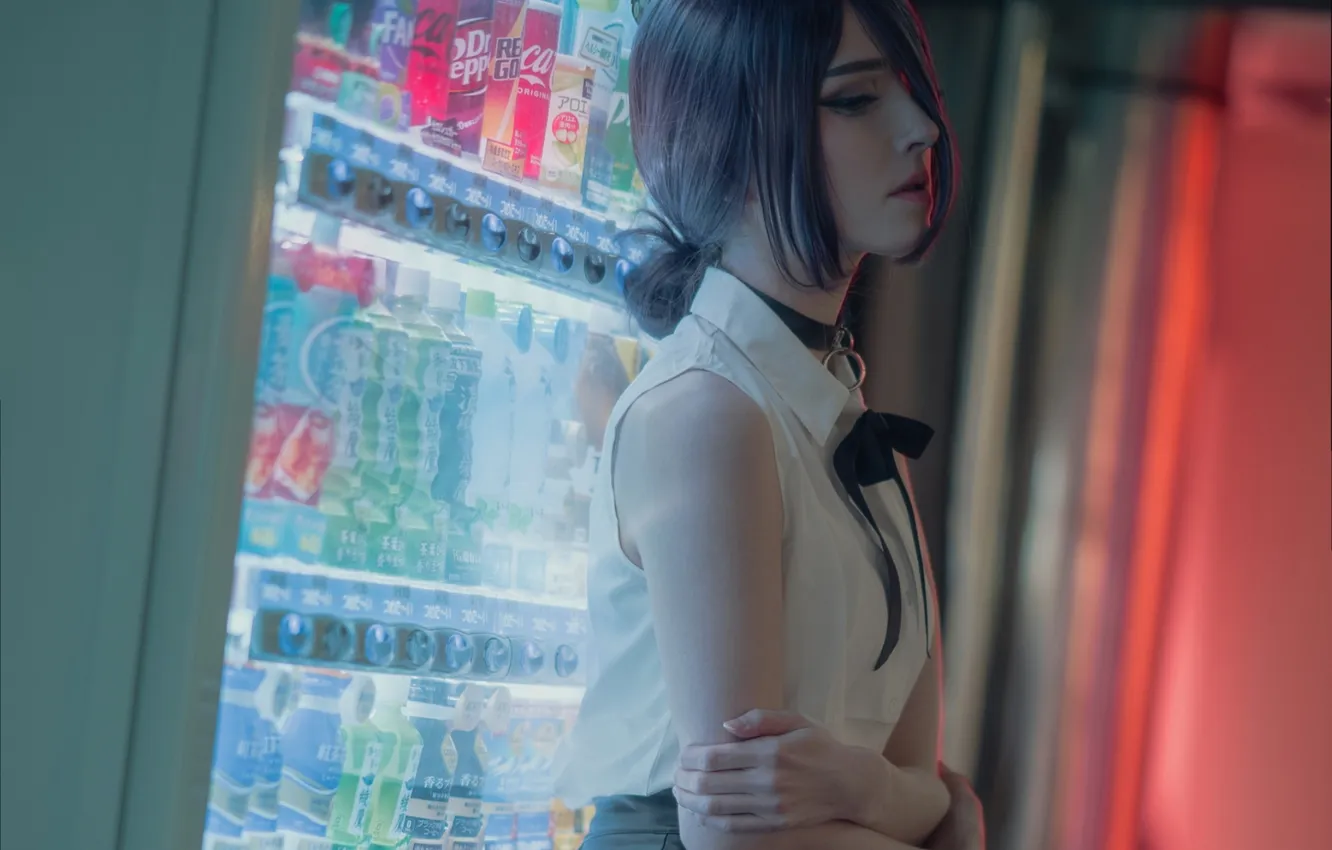 Photo wallpaper shorts, woman, night, beautiful, model, street, pretty, leather