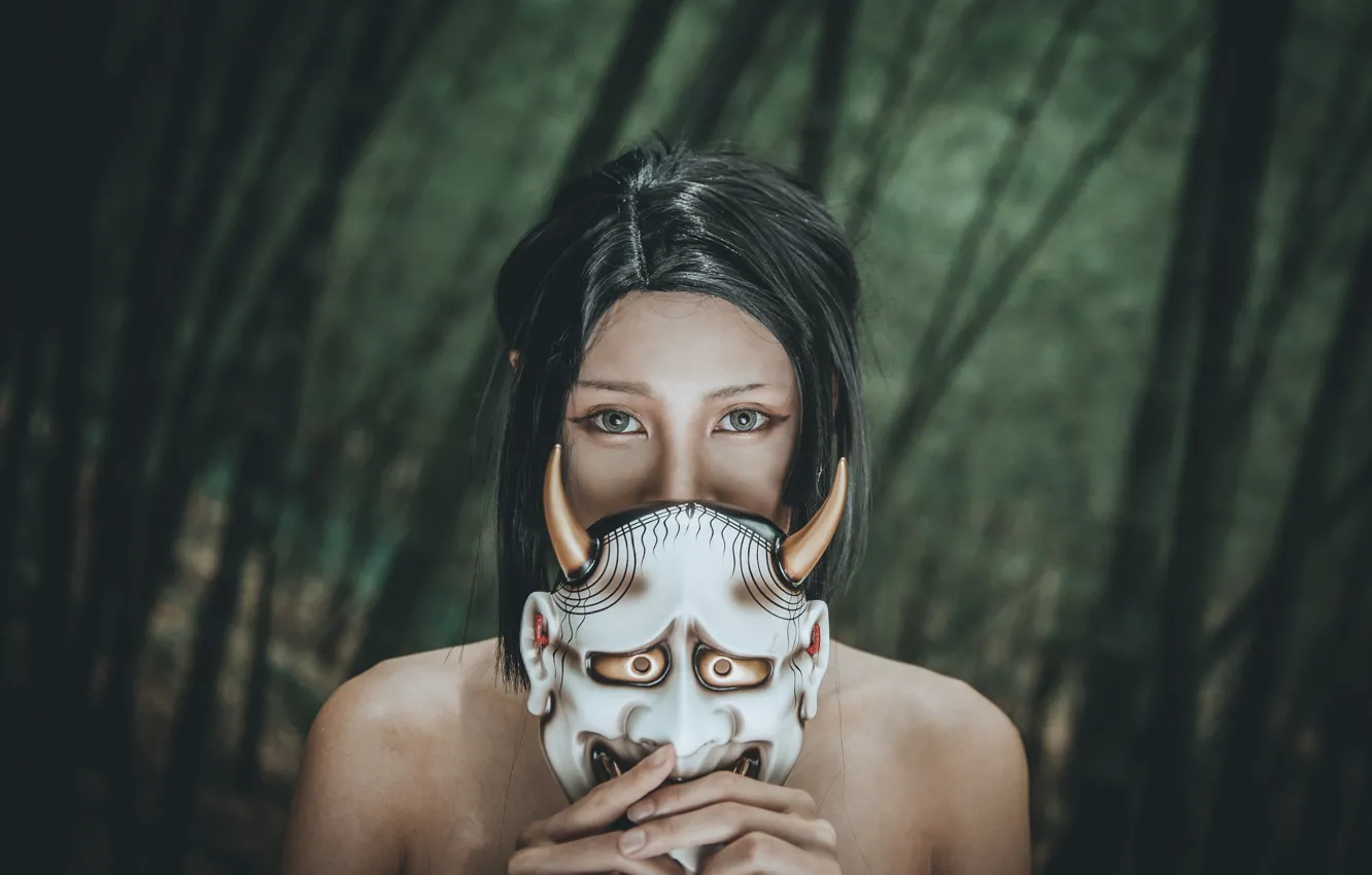 Photo wallpaper forest, look, face, mask