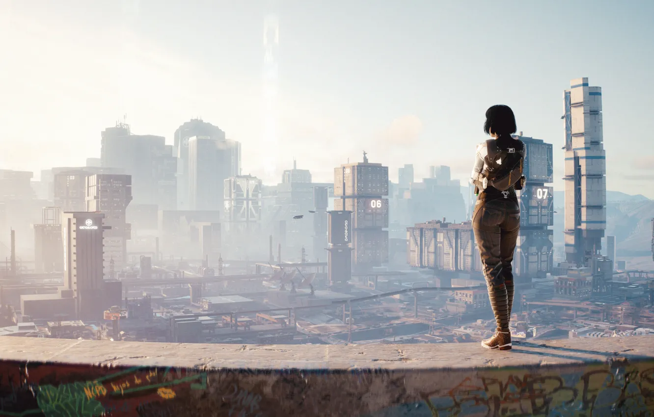 Photo wallpaper fog, future, the game, building, technology, game, characters, fog