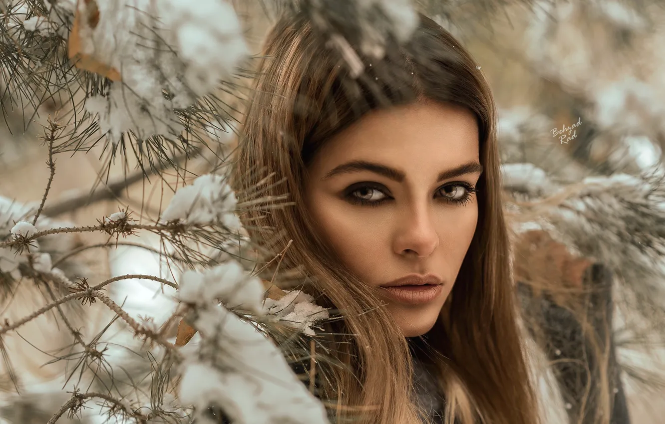 Photo wallpaper winter, look, snow, branches, portrait, makeup, hairstyle, brown hair