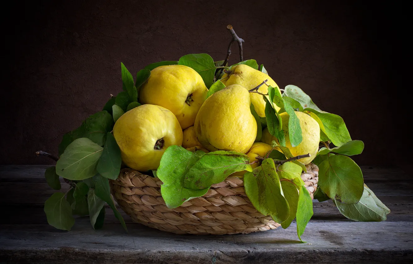 Photo wallpaper leaves, the dark background, table, still life, basket, items, composition, quince