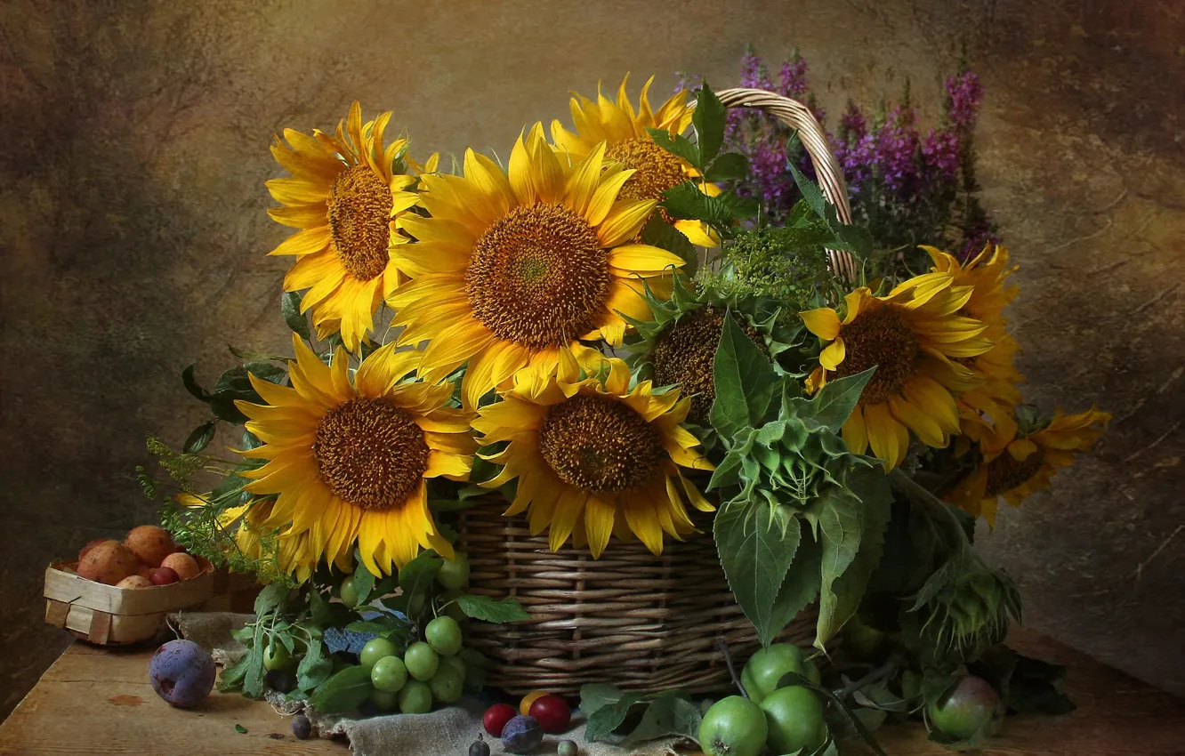 Photo wallpaper sunflowers, flowers, apples, still life, drain