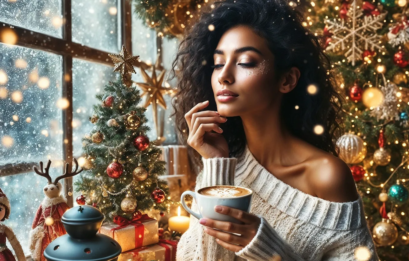 Photo wallpaper girl, decoration, comfort, new year, window, Christmas, herringbone, Christmas