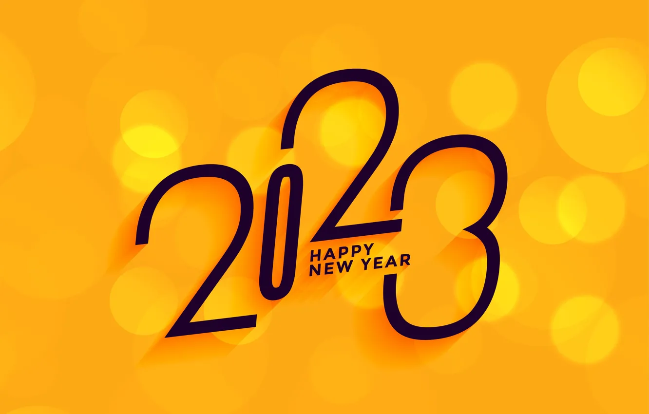 Photo wallpaper circles, the inscription, black, new year, figures, yellow background, date, bokeh
