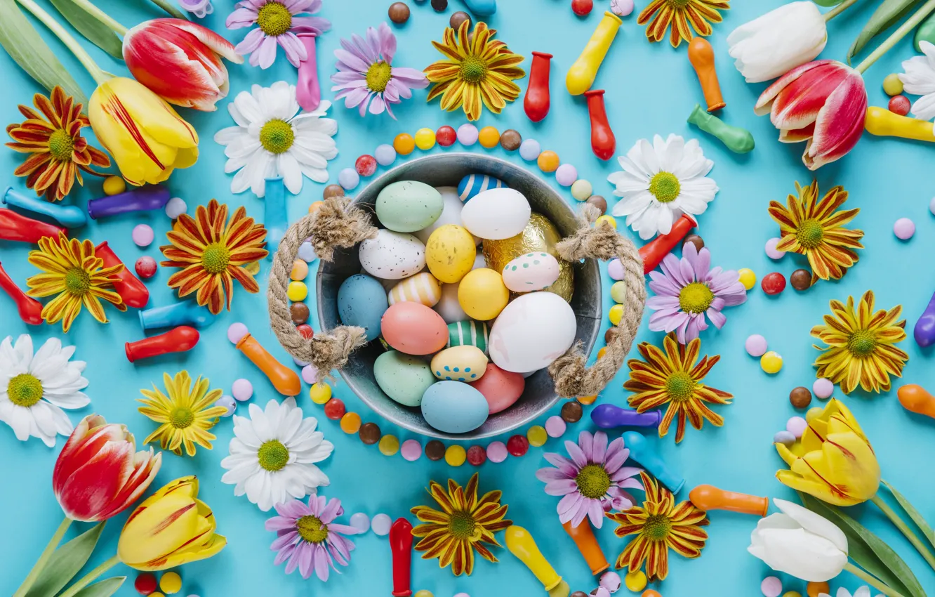 Photo wallpaper balls, holiday, eggs, Easter, chrysanthemum