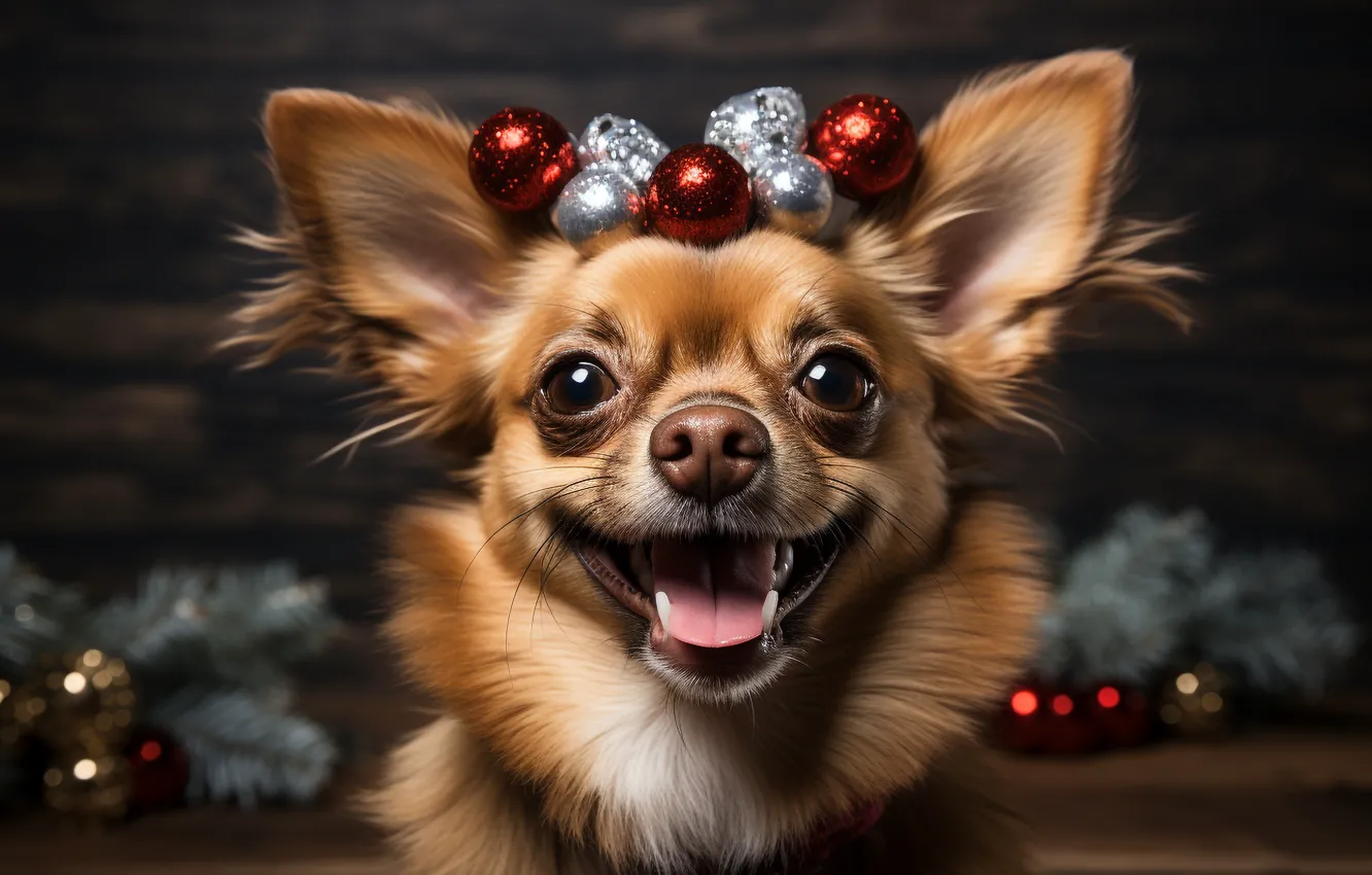 Photo wallpaper look, lights, new year, dog, Christmas, face, bokeh, Christmas decorations