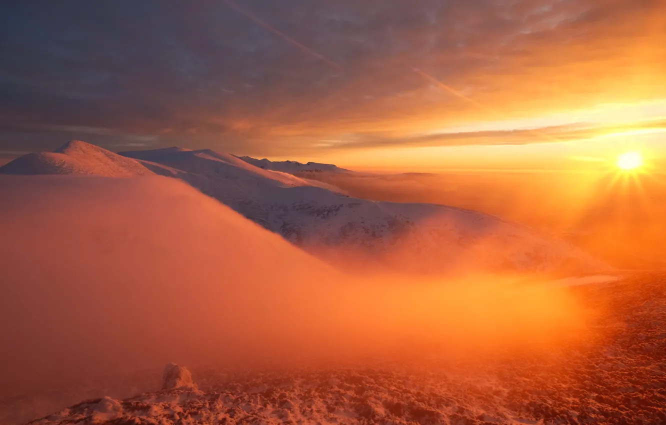 Photo wallpaper The sun, The sky, Mountains, Snow, Landscape