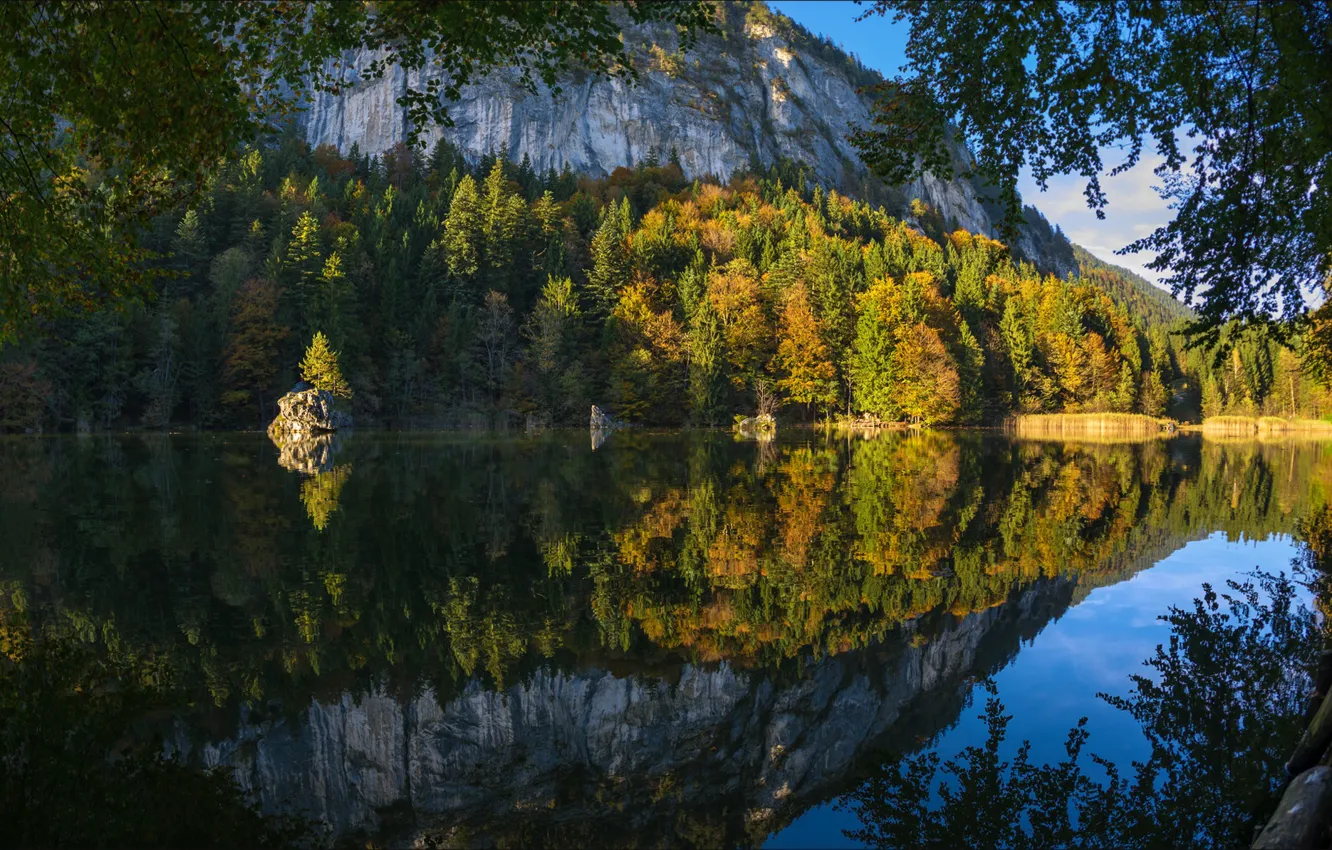 Photo wallpaper autumn, forest, trees, mountains, lake, Austria, Tyrol