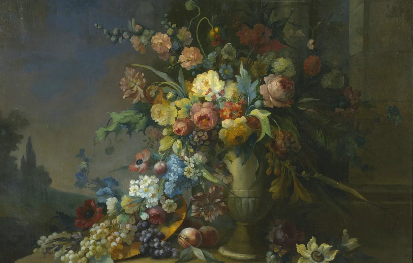 Photo wallpaper flowers, roses, bouquet, grapes, vase, peaches, mallow