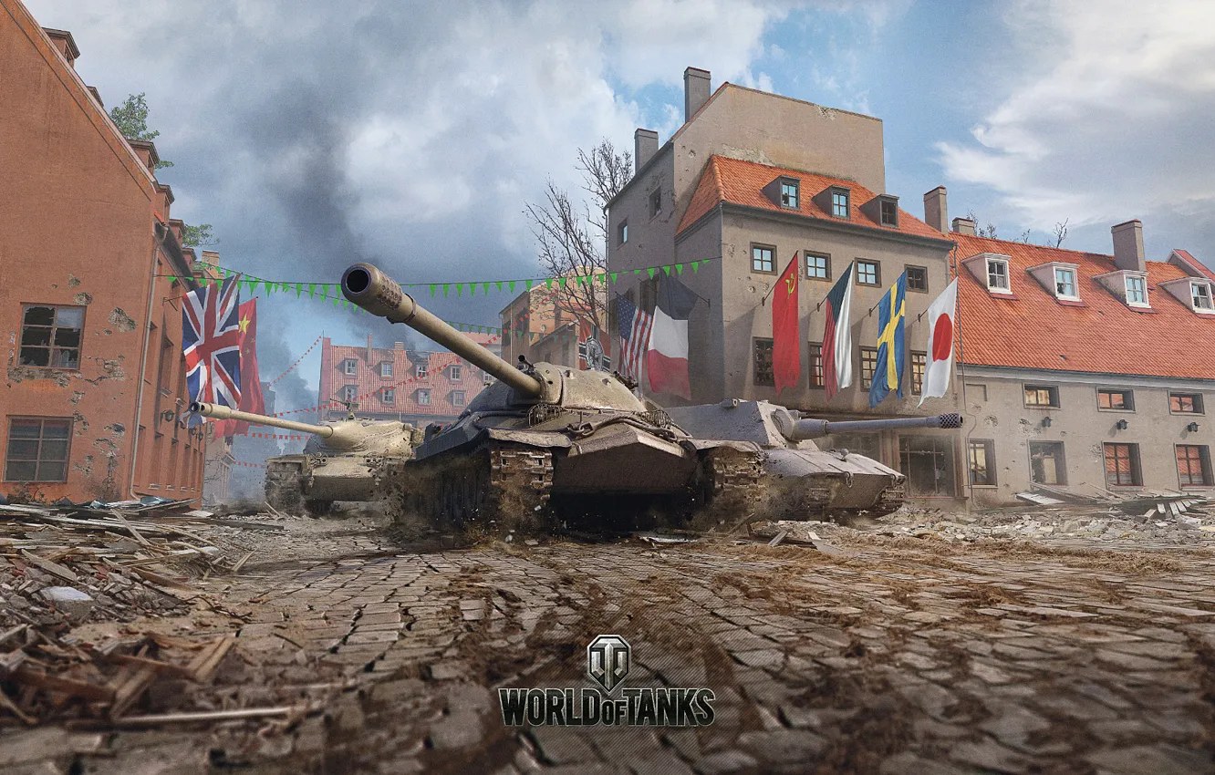 Photo wallpaper building, tank, flags, bridge, World of Tanks