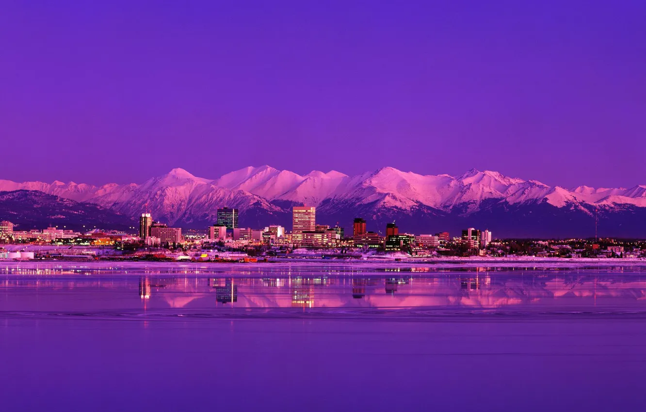 Photo wallpaper mountains, night, the city, lake, Alaska, evening, Anchorage