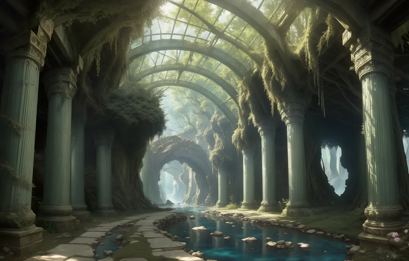 Photo wallpaper landscape, art, pathway, digital art, temple, Desolation, mysterious, thicket