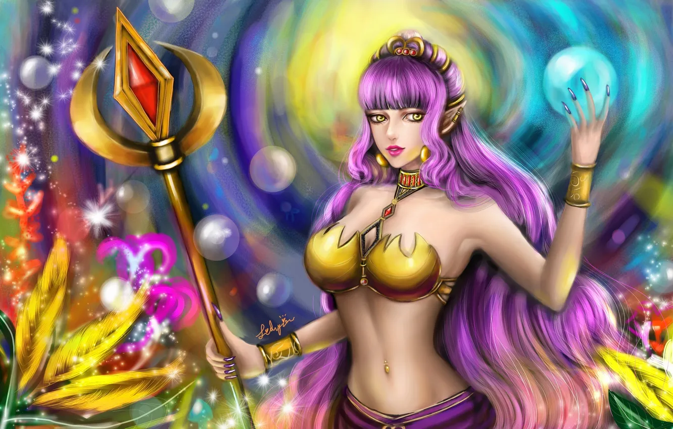 Photo wallpaper girl, balls, magic, art, staff, purple hair, Lilyzou