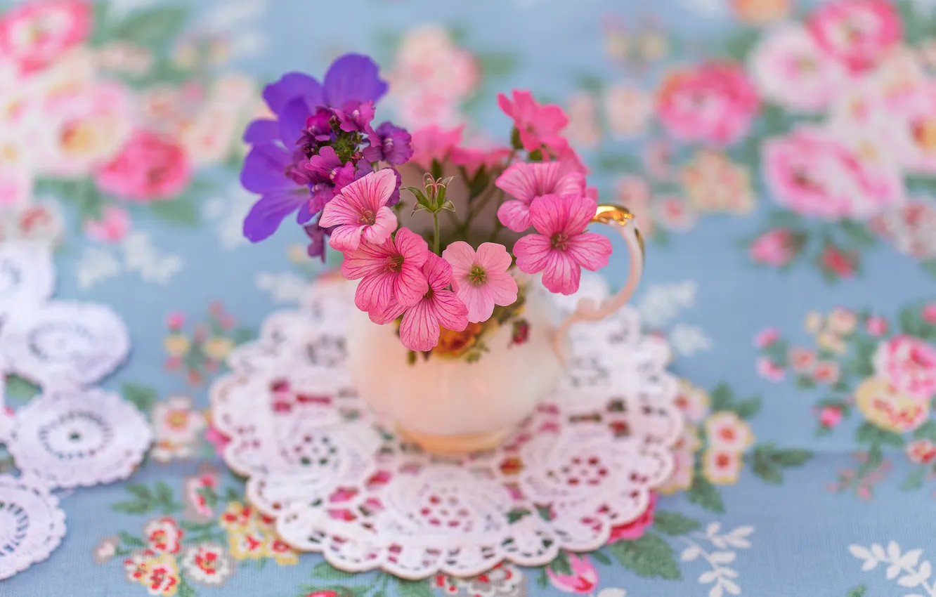 Photo wallpaper flowers, tenderness, blur, vase, napkin