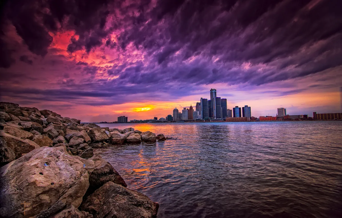 Photo wallpaper the sky, clouds, sunset, the city, river, stones, building, skyscrapers
