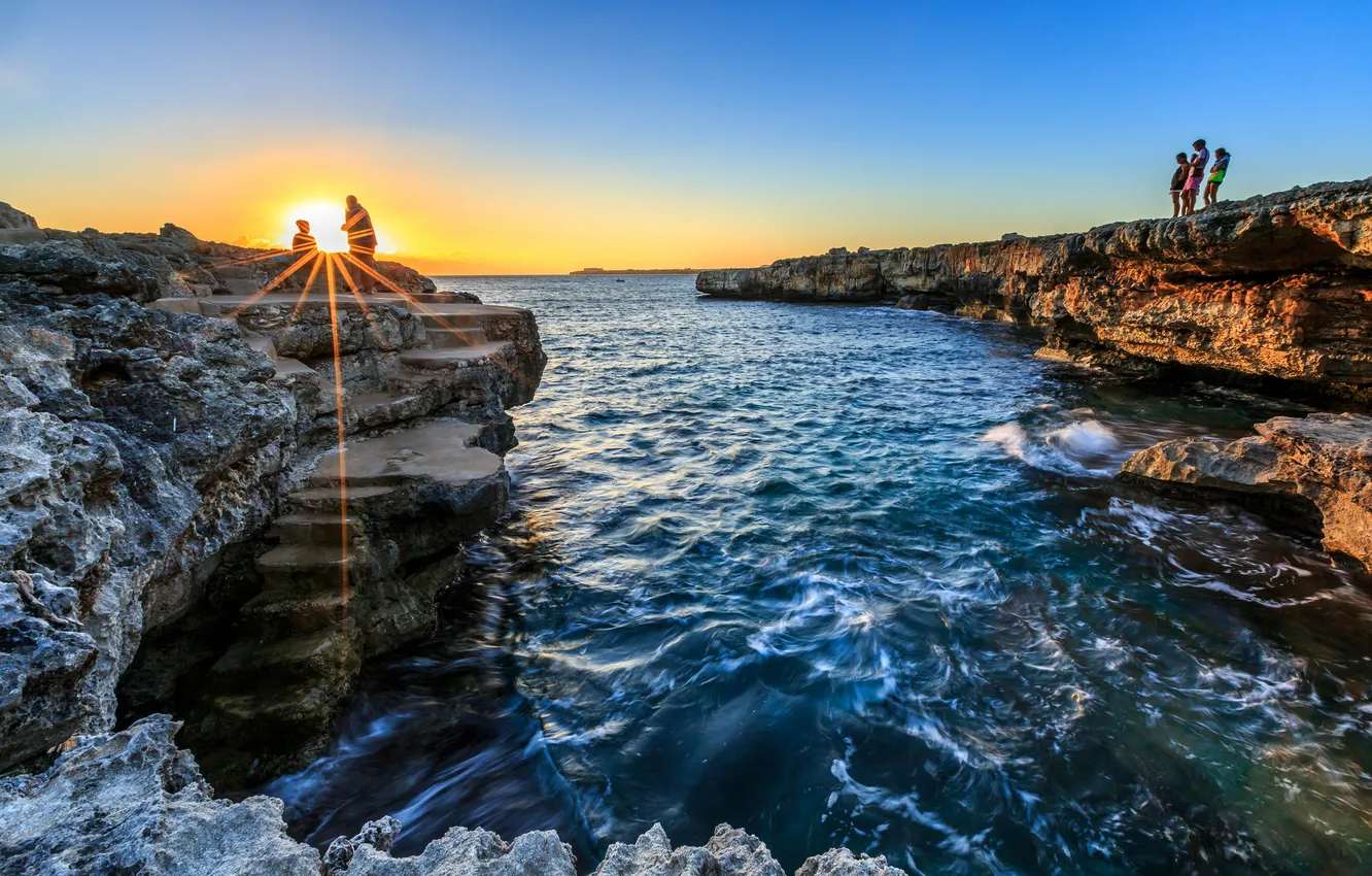 Photo wallpaper the ocean, rocks, dawn, surf, Menorca, Cala Blanca