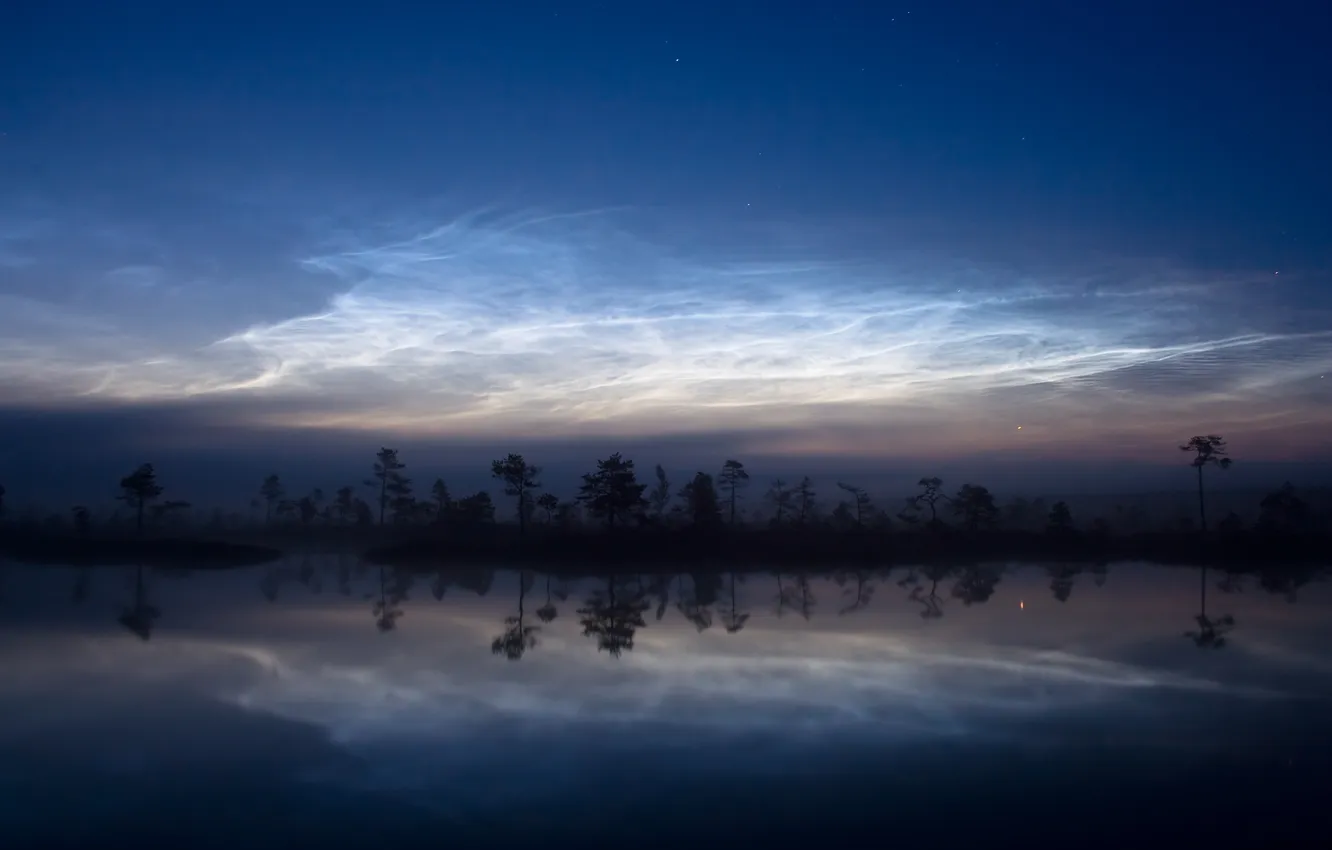 Photo wallpaper forest, the sky, stars, nature, fog, river, shore, the evening