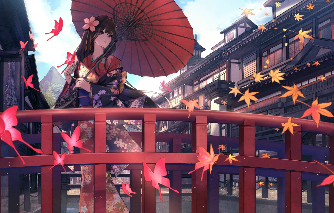 Photo wallpaper butterfly, Japan, geisha, kimono, red umbrella, autumn leaves, on the bridge, on the street