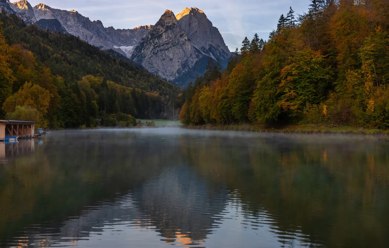 Photo wallpaper trees, mountains, fog, lake, morning, Evgenia Cech, Riessersee