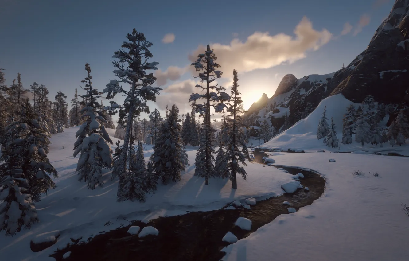 Photo wallpaper HDR, ice, game, river, trees, nature, wood, winter