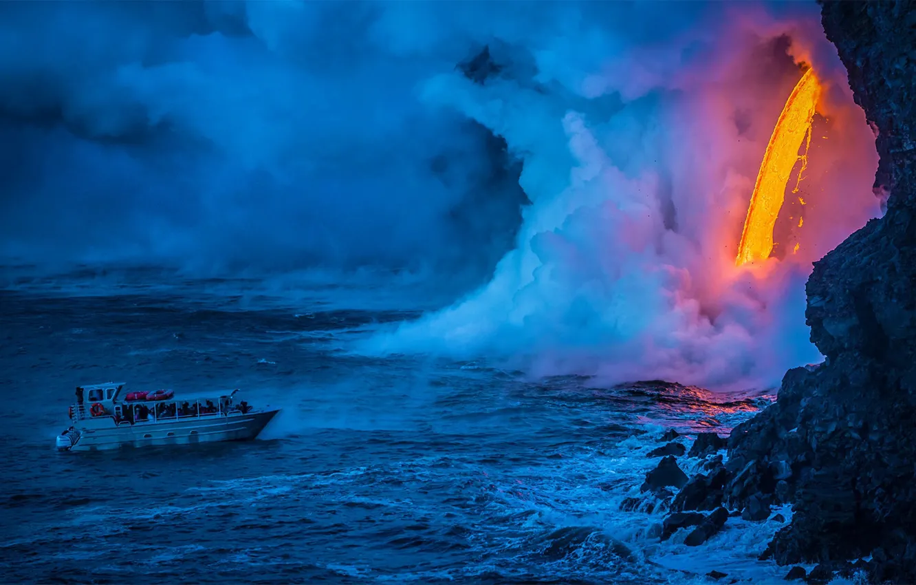 Photo wallpaper boat, lava, USA, Hawaii volcanoes national Park
