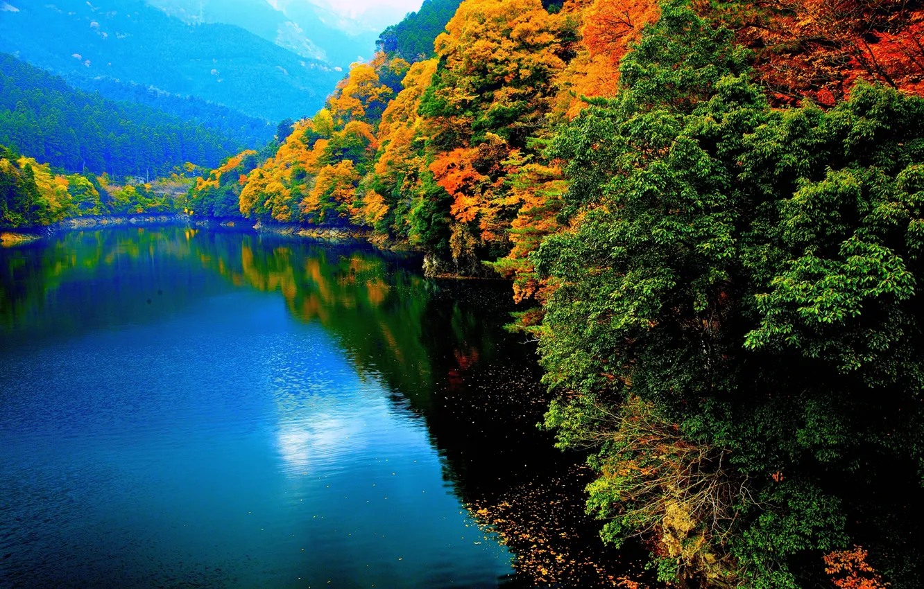 Photo wallpaper autumn, trees, mountains, lake