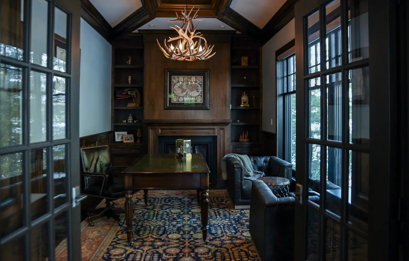 Photo wallpaper design, style, interior, fireplace, office, home office, office study, luxurious lake home