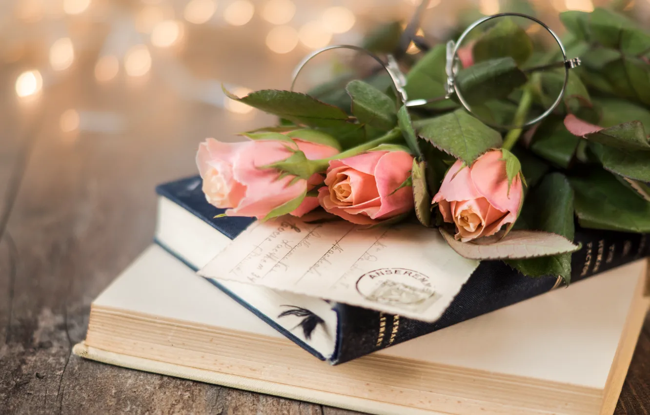 Photo wallpaper background, roses, bouquet, glasses, book