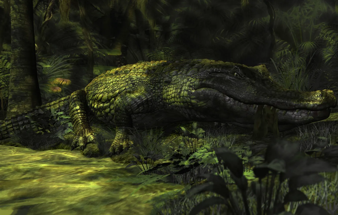 Photo wallpaper Grass, Trees, Crocodile, 3D graphics, 3d graphics