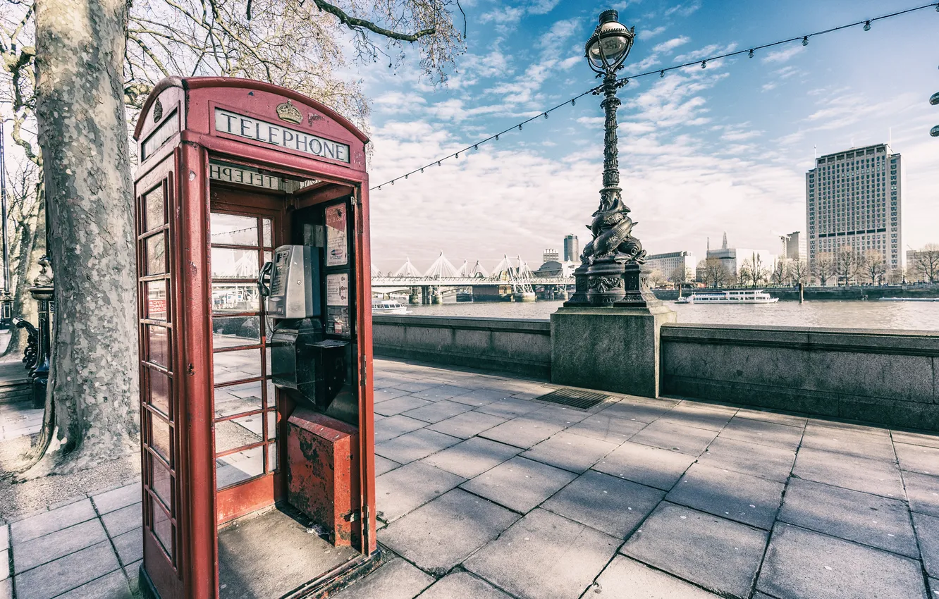 Photo wallpaper city, England, London, symbol, red, phone booth, street, London