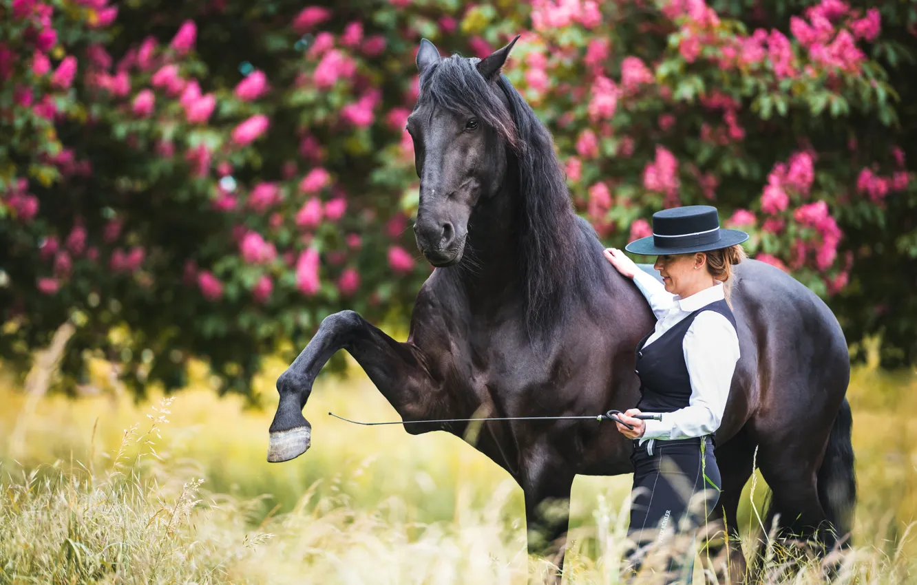 Photo wallpaper flowers, pose, horse, woman, horse, hat, garden, crows