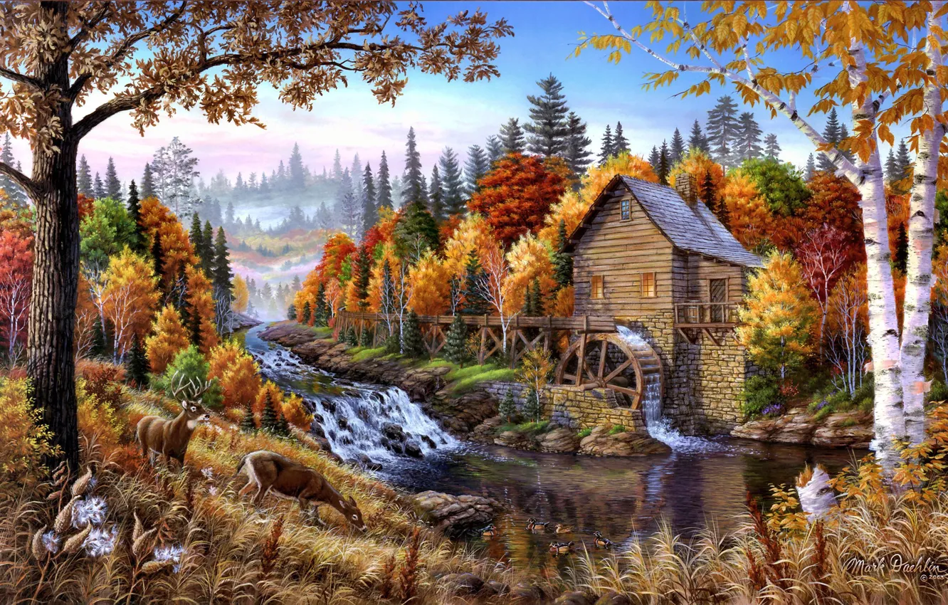Photo wallpaper autumn, trees, landscape, nature, river, deer, art, water mill