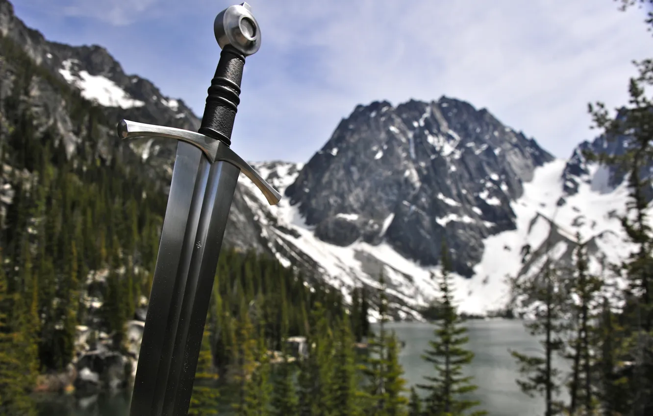 Photo wallpaper forest, the sky, mountains, nature, weapons, steel, sword, arm