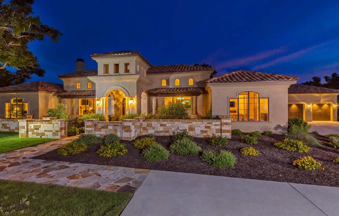 Photo wallpaper Villa, the evening, lighting, architecture, facade, Texas, Texas, stone fence