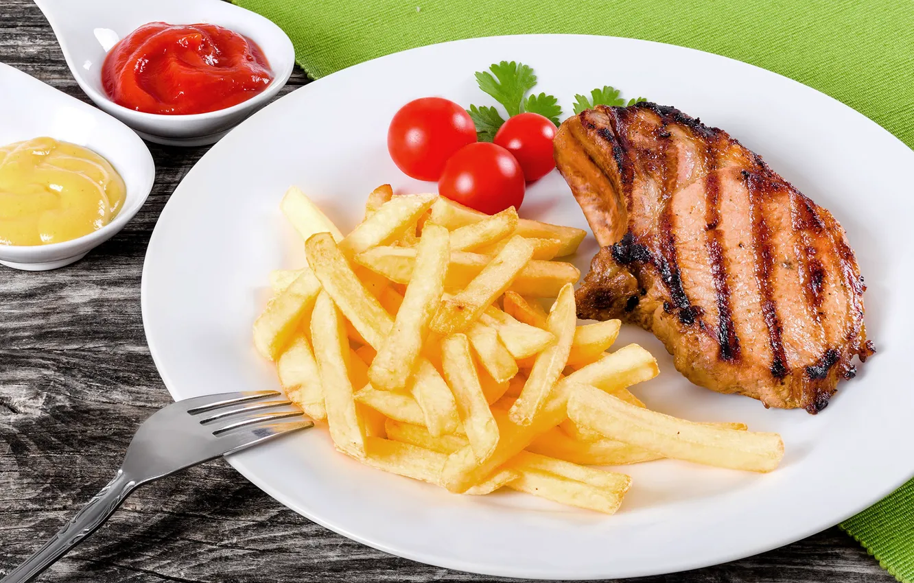 Photo wallpaper plate, meat, tomatoes, sauce, potatoes