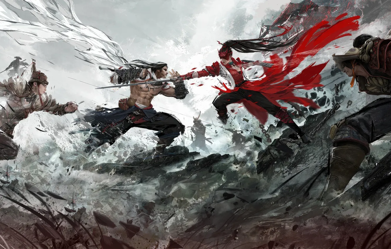 Photo wallpaper the wreckage, girl, fragments, weapons, attack, The game, battle, battle