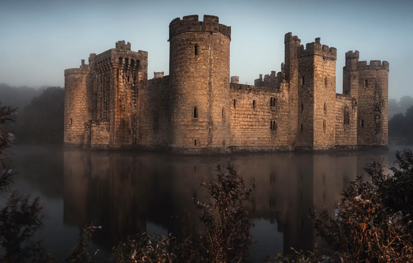 Photo wallpaper fog, lake, castle